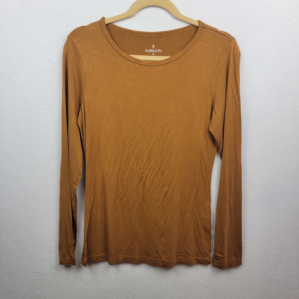 Fuinloth Women's Crewneck Basic Long Sleeve Shirt Golden Size M